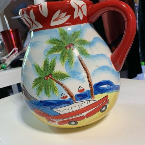 HausenWare Island Beach Pitcher Palm Trees Surf Boards Station Wagon Gorgeous - Picture 1 of 8